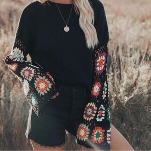 Vici Black Sweater with Multicolor Crochet Sleeves